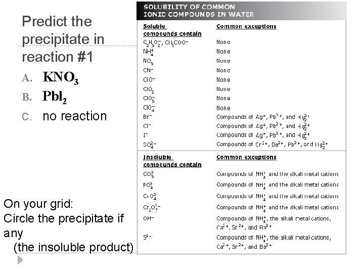 Predict the precipitate in reaction #1 A. KNO 3 B. Pbl 2 C. no Predict the precipitate in reaction #1 A. KNO 3 B. Pbl 2 C. no