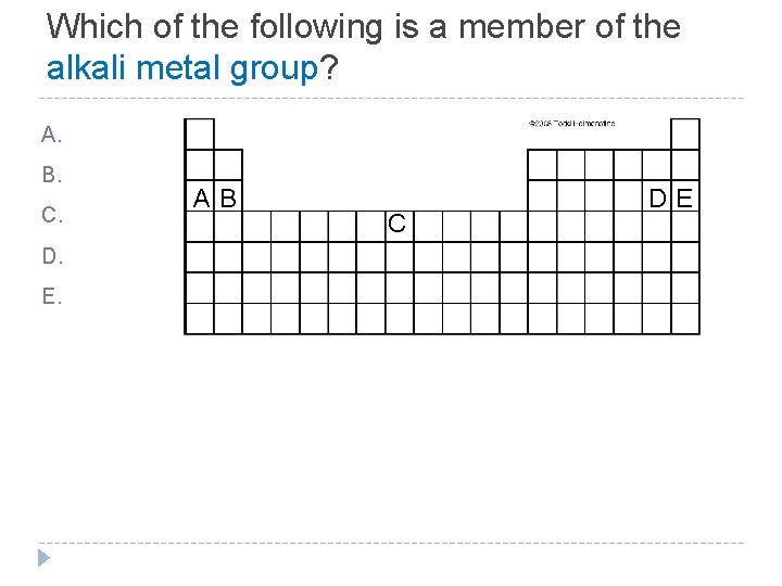 Which of the following is a member of the alkali metal group? A. B. Which of the following is a member of the alkali metal group? A. B.