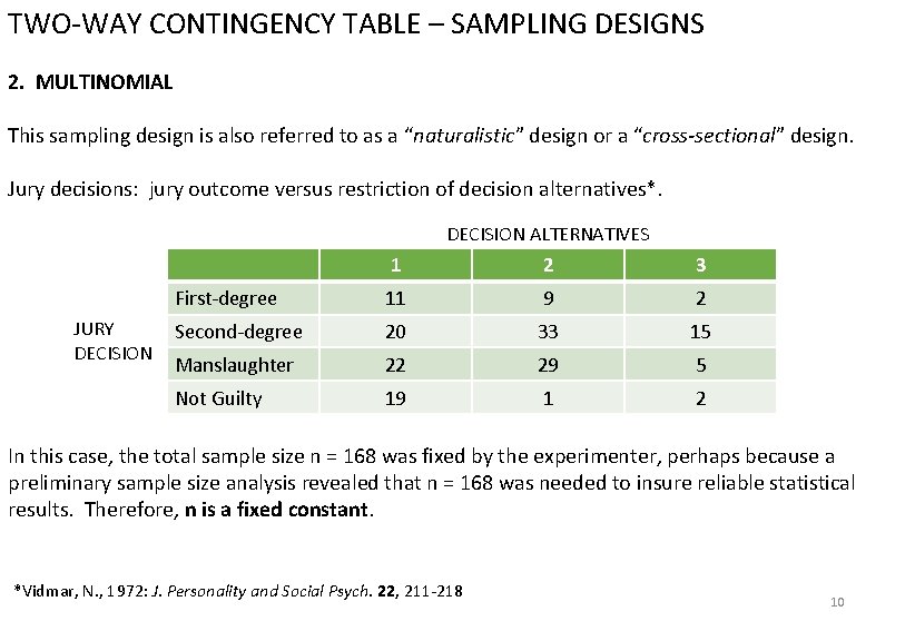 TWO-WAY CONTINGENCY TABLE – SAMPLING DESIGNS Review questions 2. MULTINOMIAL This sampling design is