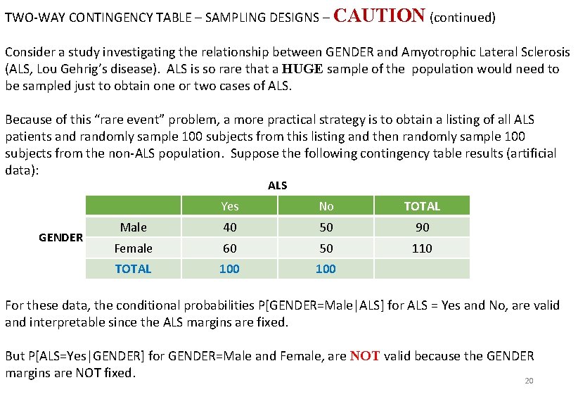 TWO-WAY CONTINGENCY TABLE – SAMPLING DESIGNS – CAUTION (continued) Review questions Consider a study