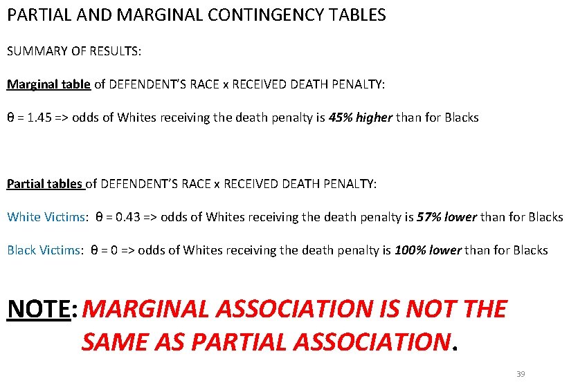 PARTIAL AND MARGINAL CONTINGENCY TABLES Review questions SUMMARY OF RESULTS: Marginal table of DEFENDENT’S