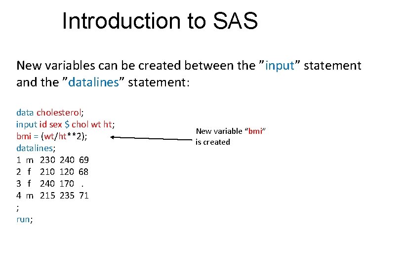 Introduction to SAS New variables can be created between the ”input” statement and the