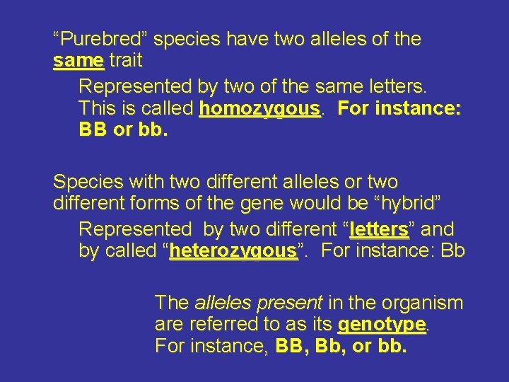 “Purebred” species have two alleles of the same trait Represented by two of the