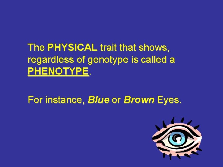 The PHYSICAL trait that shows, regardless of genotype is called a PHENOTYPE. For instance,