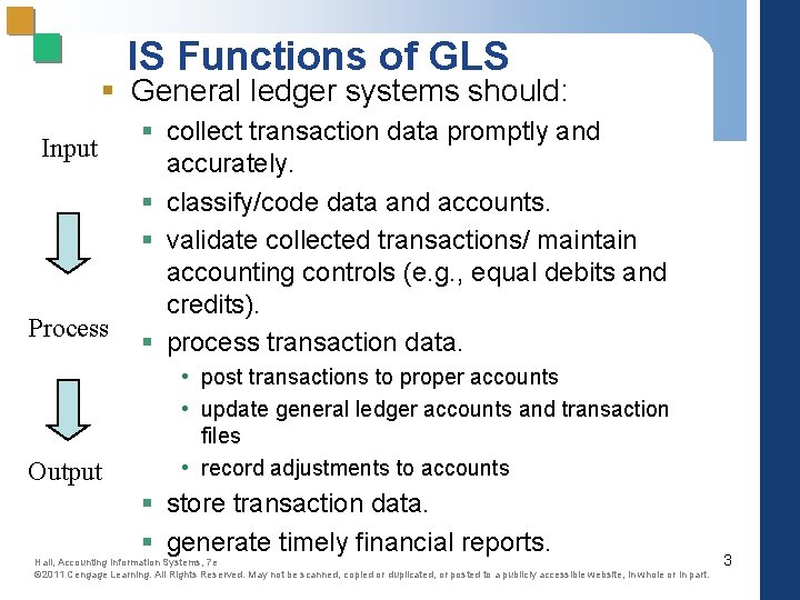 IS Functions of GLS § General ledger systems should: Input Process Output § collect