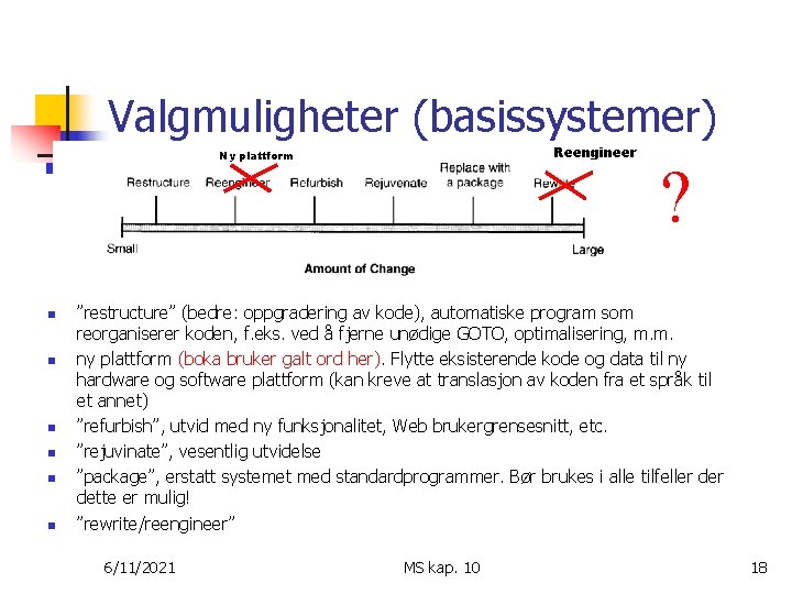 Valgmuligheter (basissystemer) Reengineer Ny plattform n n n ? ”restructure” (bedre: oppgradering av kode),