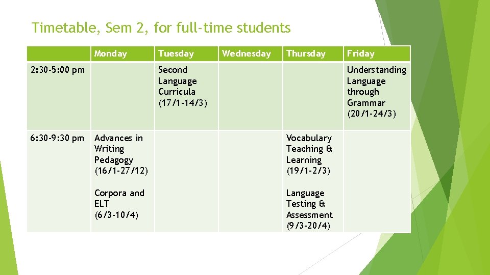 Timetable, Sem 2, for full-time students Monday 2: 30 -5: 00 pm 6: 30