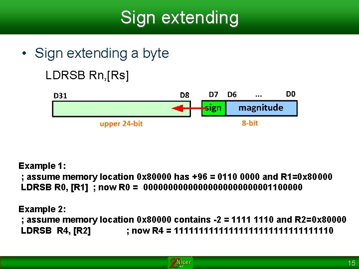 Sign extending • Sign extending a byte LDRSB Rn, [Rs] Example 1: ; assume