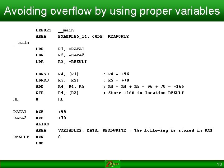 Avoiding overflow by using proper variables EXPORT AREA __main EXAMPLE 5_14, CODE, READONLY LDR Avoiding overflow by using proper variables EXPORT AREA __main EXAMPLE 5_14, CODE, READONLY LDR
