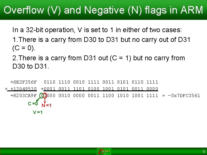 Overflow (V) and Negative (N) flags in ARM In a 32 -bit operation, V Overflow (V) and Negative (N) flags in ARM In a 32 -bit operation, V