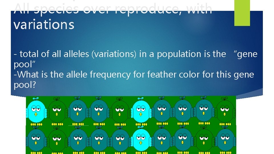 All species over reproduce, with variations - total of alleles (variations) in a population
