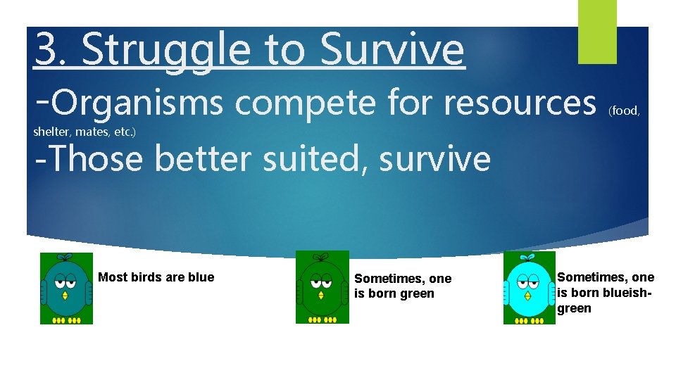 3. Struggle to Survive -Organisms compete for resources (food, shelter, mates, etc. ) -Those