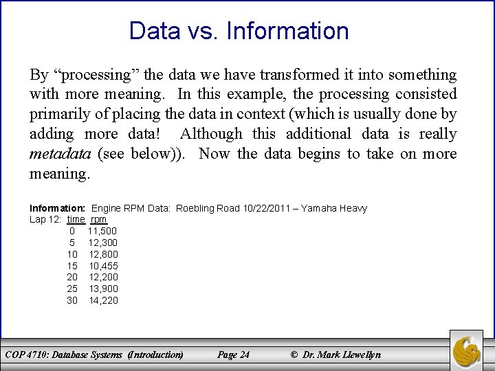 Data vs. Information By “processing” the data we have transformed it into something with