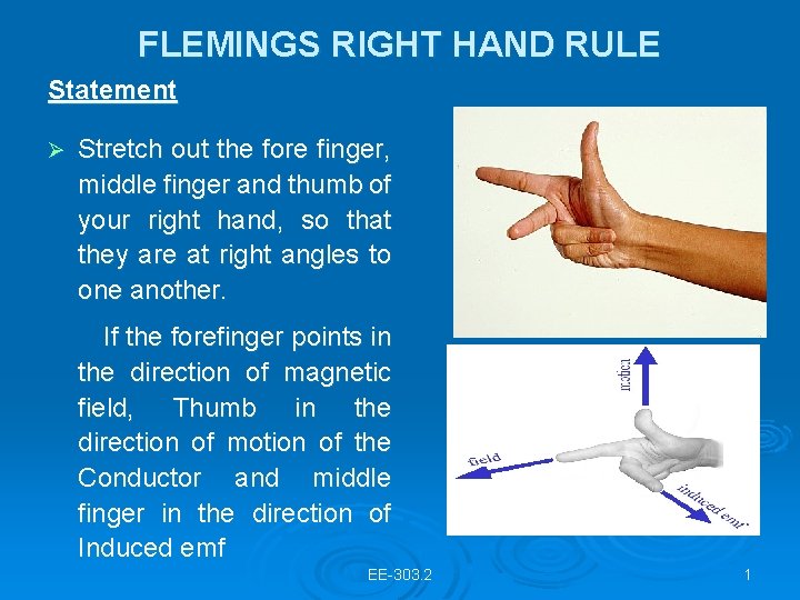 FLEMINGS RIGHT HAND RULE Statement Ø Stretch out the fore finger, middle finger and