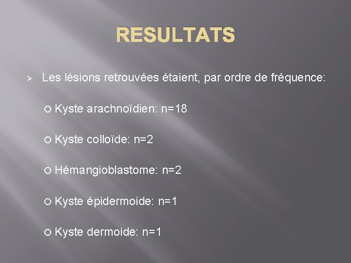 RESULTATS Ø Les lésions retrouvées étaient, par ordre de fréquence: Kyste arachnoïdien: n=18 Kyste