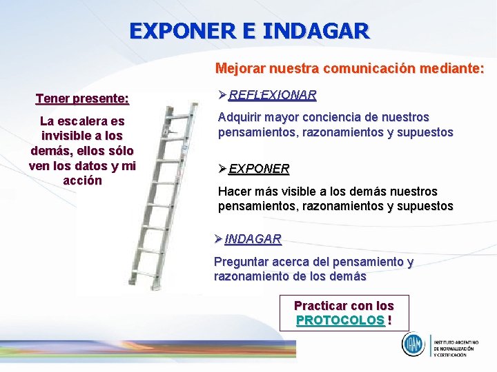 EXPONER E INDAGAR Mejorar nuestra comunicación mediante: Tener presente: La escalera es invisible a