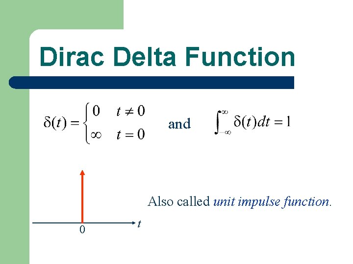 Dirac Delta Function and Also called unit impulse function. 0 t 