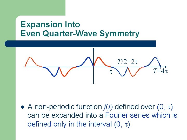 Expansion Into Even Quarter-Wave Symmetry T/2=2 l T=4 A non-periodic function f(t) defined over