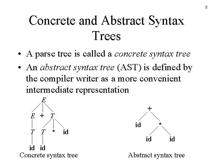 6 Concrete and Abstract Syntax Trees • A parse tree is called a concrete