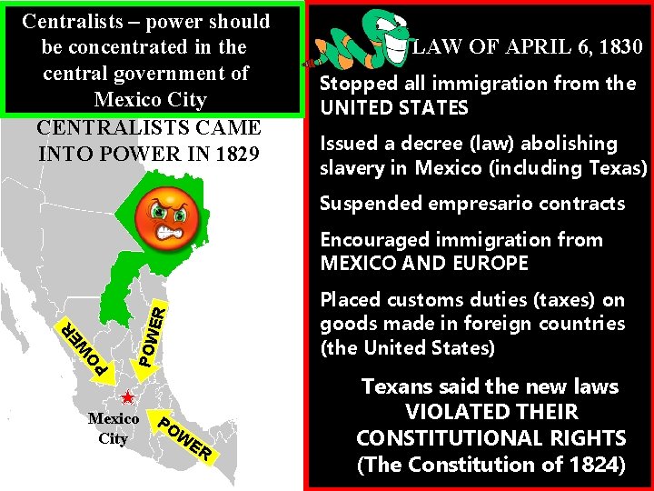 Centralists – power should be concentrated in the central government of Mexico City CENTRALISTS