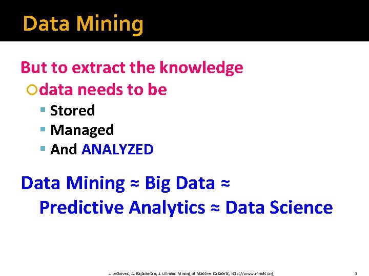 Data Mining But to extract the knowledge data needs to be Stored Managed And