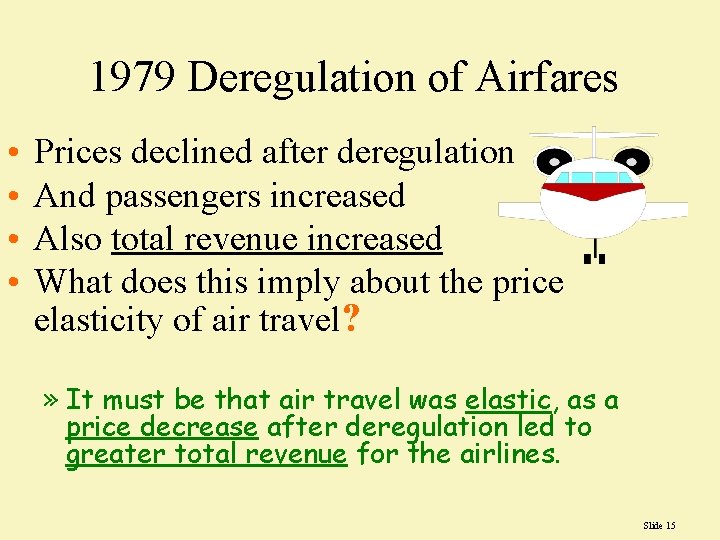 1979 Deregulation of Airfares • • Prices declined after deregulation And passengers increased Also