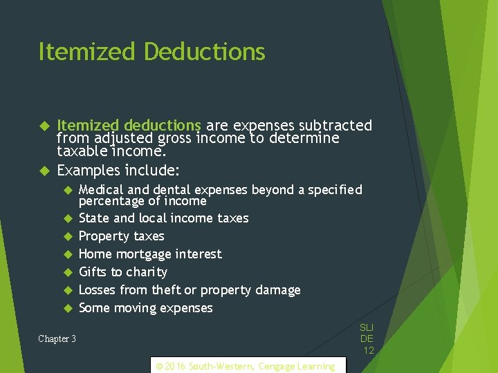 Itemized Deductions Itemized deductions are expenses subtracted from adjusted gross income to determine taxable