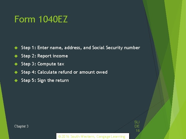 Form 1040 EZ Step 1: Enter name, address, and Social Security number Step 2: