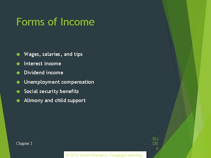 Forms of Income Wages, salaries, and tips Interest income Dividend income Unemployment compensation Social
