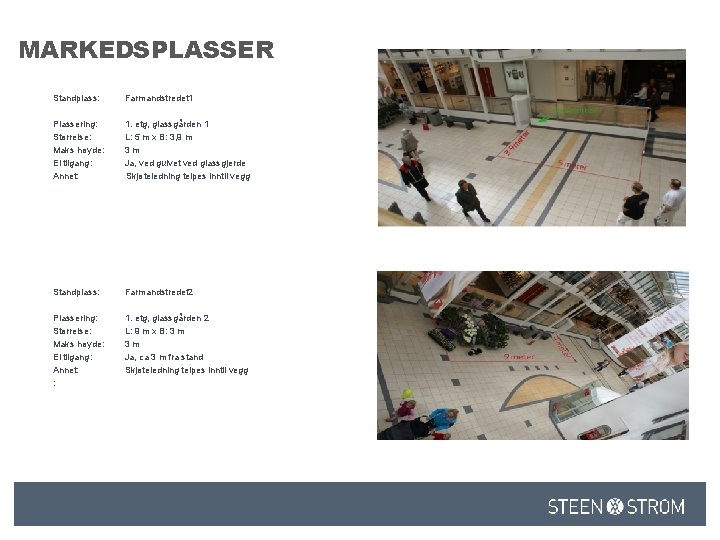 MARKEDSPLASSER Standplass: Farmandstredet 1 Plassering: Størrelse: Maks høyde: El tilgang: Annet: 1. etg, glassgården