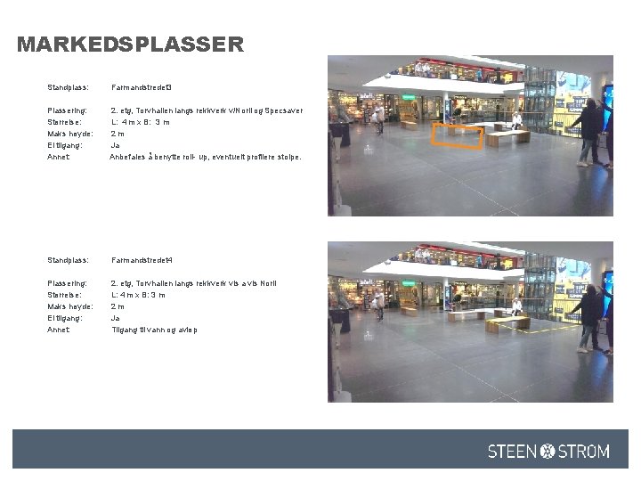 MARKEDSPLASSER Standplass: Farmandstredet 3 Plassering: Størrelse: Maks høyde: El tilgang: Annet: 2. etg, Torvhallen