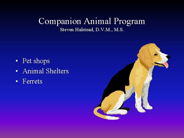Companion Animal Program Steven Halstead, D. V. M. , M. S. • Pet shops