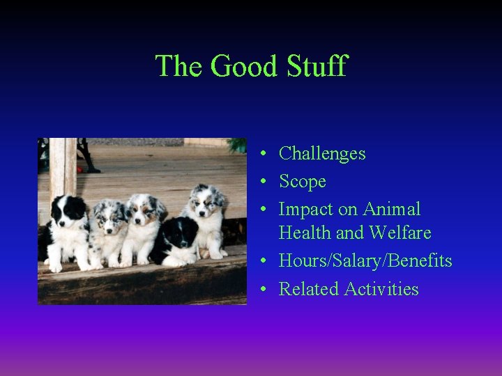 The Good Stuff • Challenges • Scope • Impact on Animal Health and Welfare