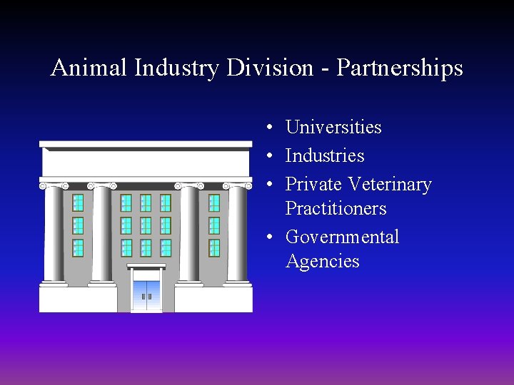 Animal Industry Division - Partnerships • Universities • Industries • Private Veterinary Practitioners •