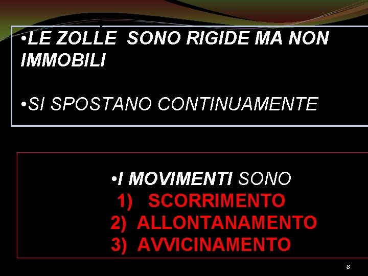  • LE ZOLLE SONO RIGIDE MA NON IMMOBILI • SI SPOSTANO CONTINUAMENTE •