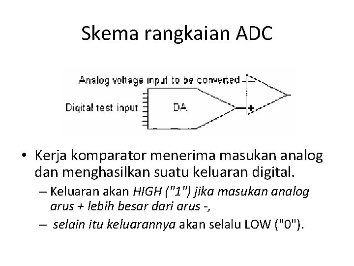 Skema rangkaian ADC • Kerja komparator menerima masukan analog dan menghasilkan suatu keluaran digital.