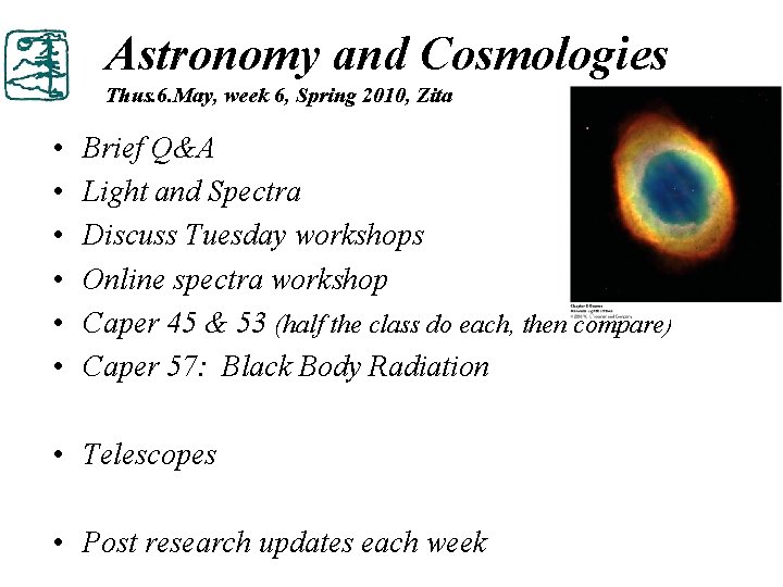Astronomy and Cosmologies Thus. 6. May, week 6, Spring 2010, Zita • • •