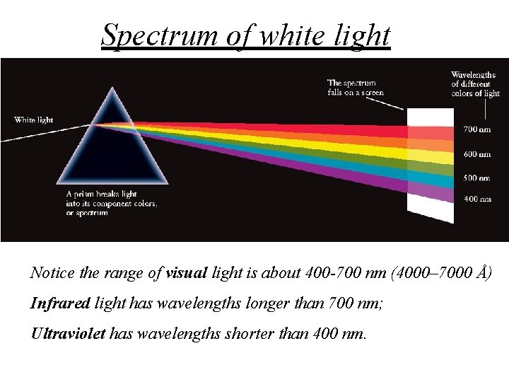 Spectrum of white light Notice the range of visual light is about 400 -700