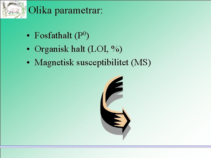 Olika parametrar: • Fosfathalt (P 0) • Organisk halt (LOI, %) • Magnetisk susceptibilitet