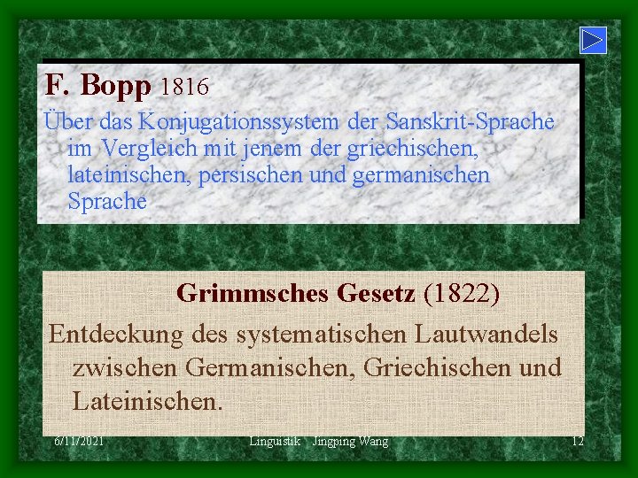 F. Bopp 1816 Über das Konjugationssystem der Sanskrit-Sprache im Vergleich mit jenem der griechischen,