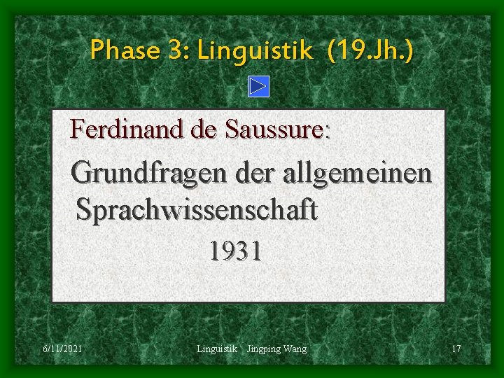Phase 3: Linguistik (19. Jh. ) Ferdinand de Saussure: Grundfragen der allgemeinen Sprachwissenschaft 1931