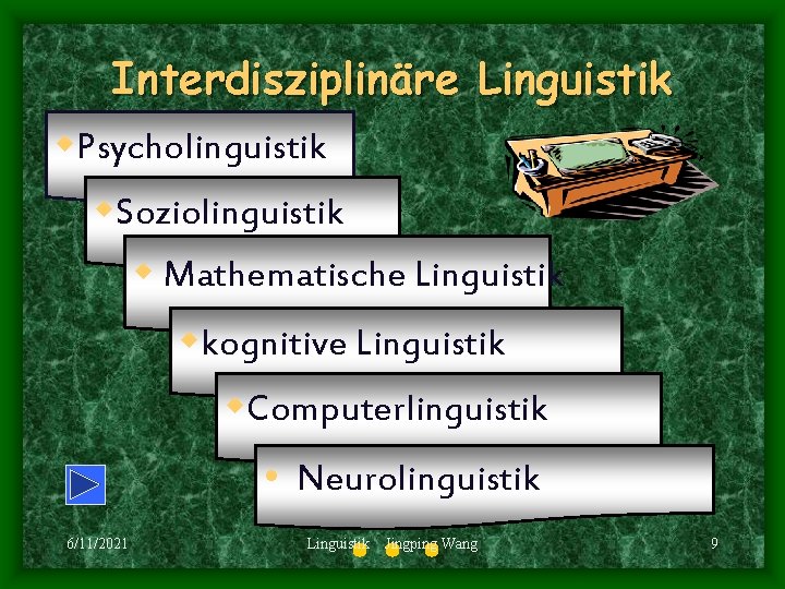 Interdisziplinäre Linguistik w. Psycholinguistik w. Soziolinguistik w Mathematische Linguistik wkognitive Linguistik w. Computerlinguistik •