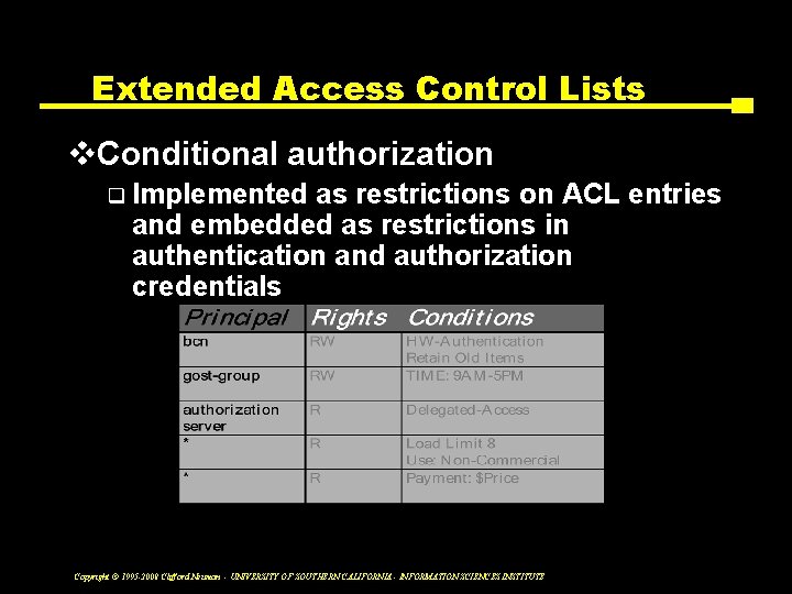 Extended Access Control Lists v. Conditional authorization q Implemented as restrictions on ACL entries