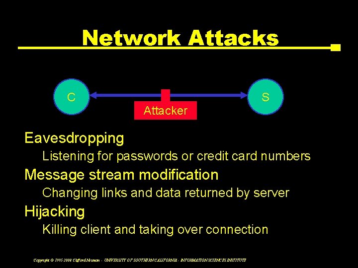 Network Attacks C S Attacker Eavesdropping Listening for passwords or credit card numbers Message
