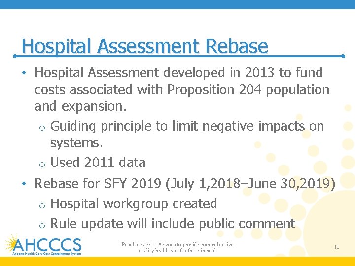Hospital Assessment Rebase • Hospital Assessment developed in 2013 to fund costs associated with