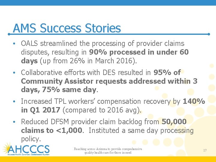 AMS Success Stories • OALS streamlined the processing of provider claims disputes, resulting in