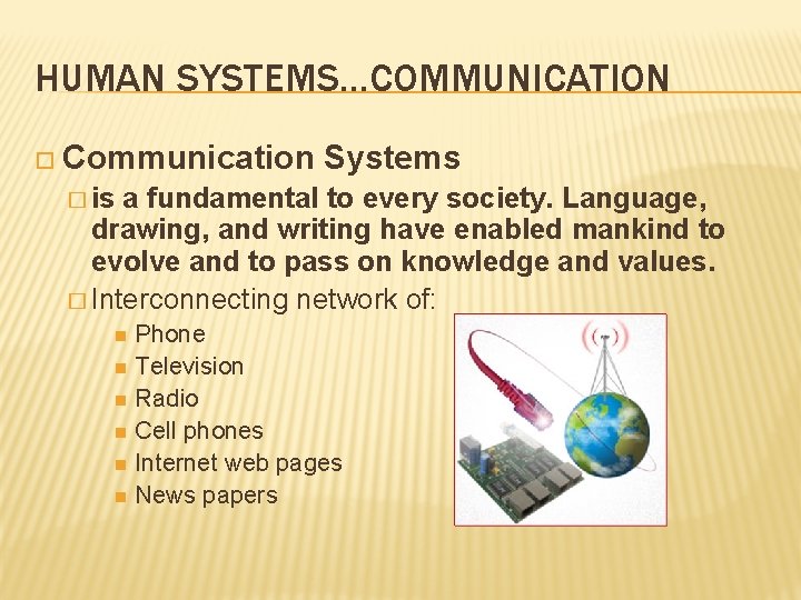 HUMAN SYSTEMS…COMMUNICATION Communication Systems � is a fundamental to every society. Language, drawing, and