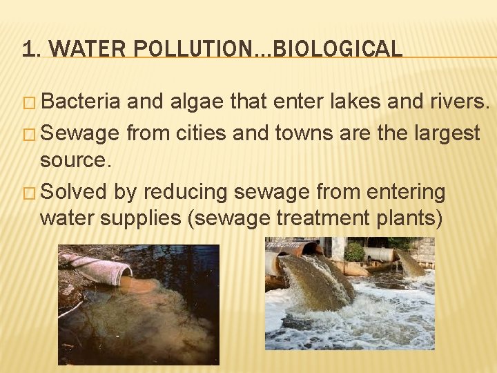 1. WATER POLLUTION…BIOLOGICAL � Bacteria and algae that enter lakes and rivers. � Sewage