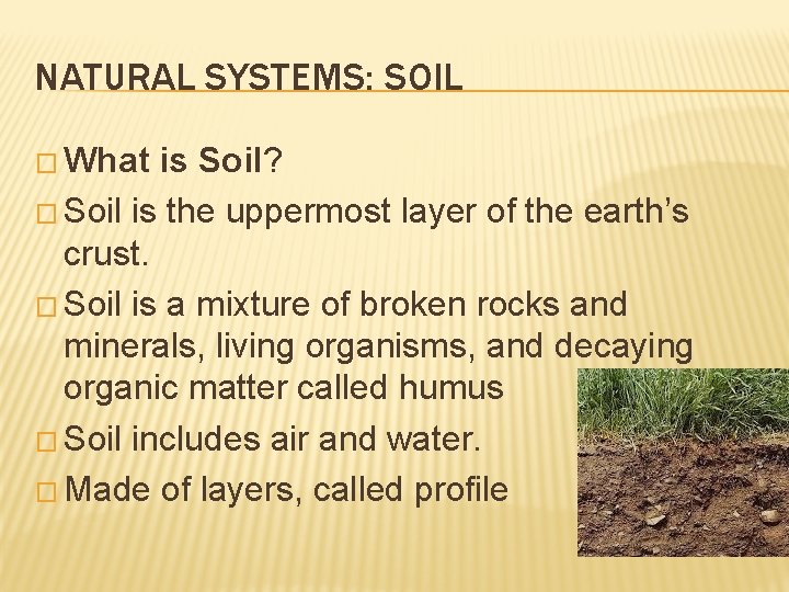 NATURAL SYSTEMS: SOIL � What is Soil? � Soil is the uppermost layer of