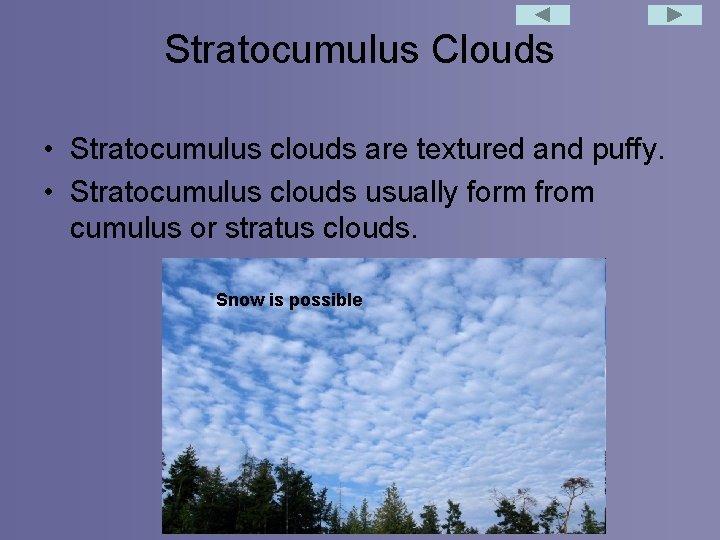 Stratocumulus Clouds • Stratocumulus clouds are textured and puffy. • Stratocumulus clouds usually form